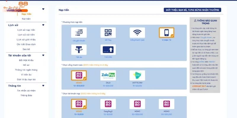 Nạp tiền VIVA88 thông qua ví điện tử nhanh chóng nhất